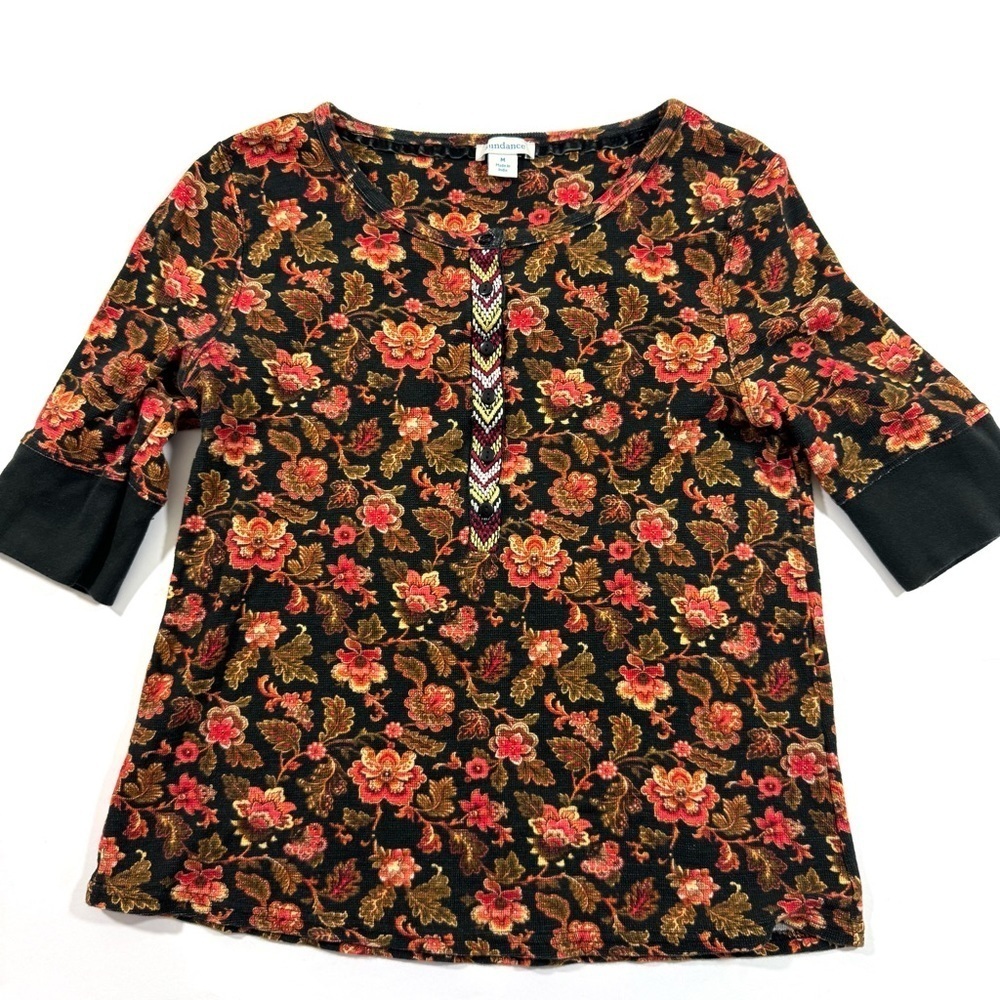 Sundance Black Cordelia Bloom Henley Tee Shirt Thermal Onyx Floral